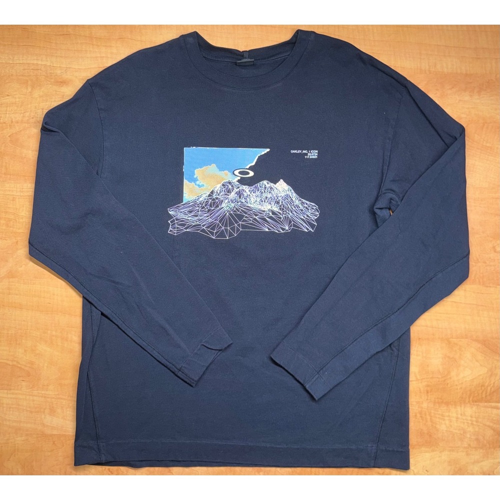 Oakley Mens XL Boxy Fit Long Sleeve T-Shirt Navy Blue Mountain Graphic Icon